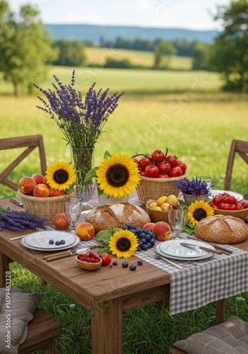 Rustic Summer Table Setting with Sunflowers and Fresh Produce