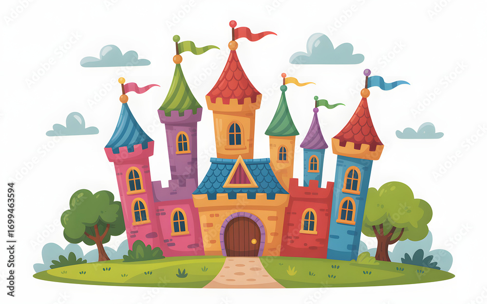 Fototapeta premium Enchanting Cartoon Castle Illustration with Towers, Flags, and Lush Greenery A Whimsical Fortress Set in a Serene Landscape, Perfect for Children