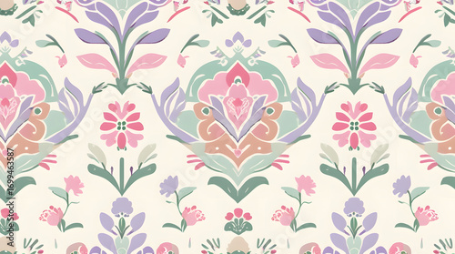 Seamless modern batik pattern. Pink, purple, and green floral design. Ideal for textile prints, home decor, fashion, and branding.  Minimalist and sustainable aesthetic.