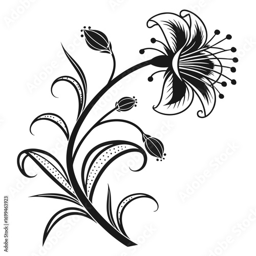 Elegant black and white floral design with blooming flower and buds