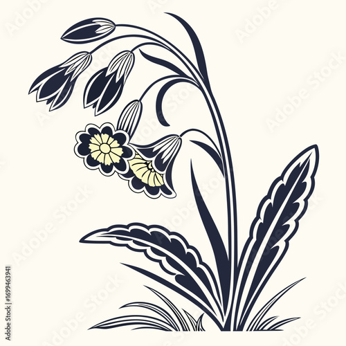 Stylized dark blue and yellow bell flowers with leaves and grass