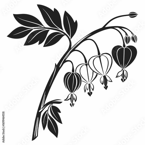 Black and white silhouette of a bleeding heart flower branch with leaves