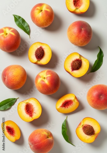 Ripe Peaches and Green Leaves Flatlay on Grey Background