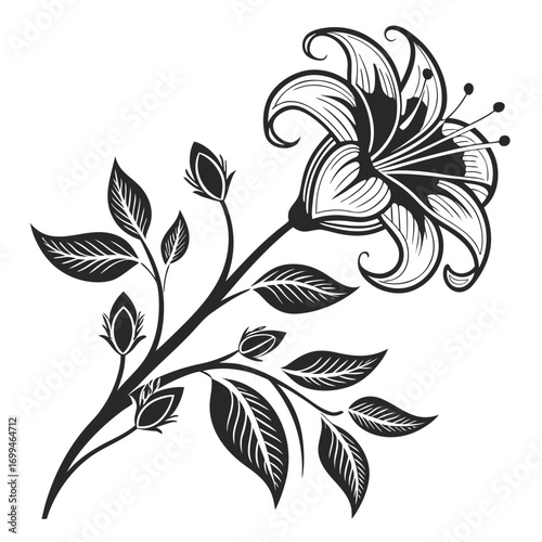 Elegant black and white stylized lily flower with leaves and buds