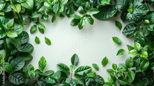 Fresh green leaves frame on a light background.