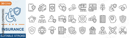 Insurance icon set collection. welfare, government, society, service, education, reform, health care, legislation, medicine, law and more. editable stroke. vector illustration eps 10