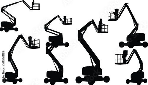 Six boom lifts, cherry pickers, aerial work platforms, construction equipment, industrial machinery, elevated work access, telescopic lifts, articulating lifts, hydraulic lifts, silhouette set