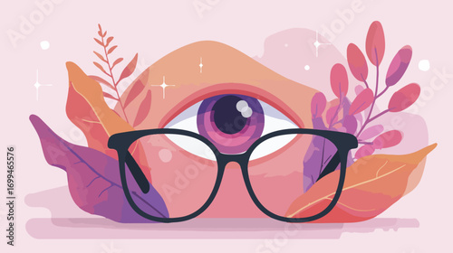 Eye with glasses and floral decor