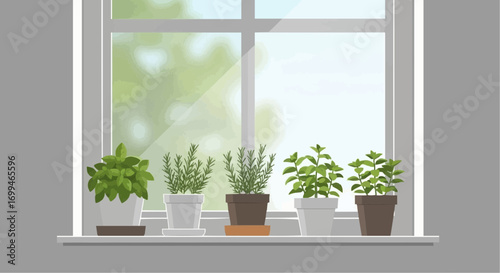 A window sill with five potted herbs in front of a bright, sunny window.