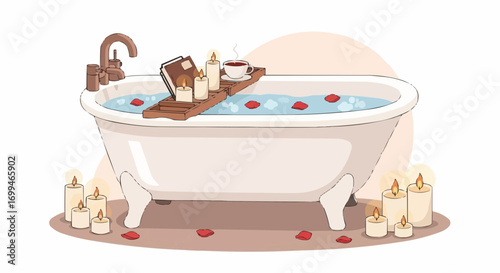 A cozy illustration of a bathtub filled with water, rose petals, and a bath caddy with a book, candles, and a cup of tea, surrounded by more lit candles.