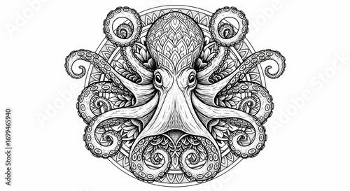 Intricate Black and White Octopus Mandala Illustration.