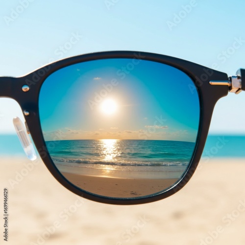 Ocean Sunset Reflected in Sunglasses on Sandy Beach