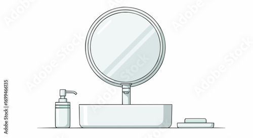 Minimalist bathroom sink setup with a round mirror, soap dispenser, and soap dish in a clean line art style on a white background.