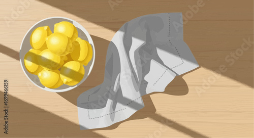 A white bowl of fresh yellow lemons and a cloth on a wooden table in bright sunlight, seen from above.