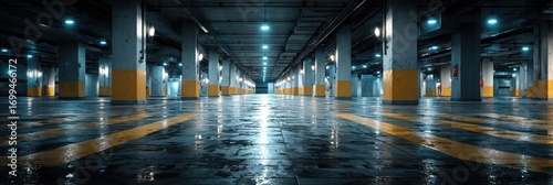 Empty underground parking garage highlighted by artificial lights and reflecting wet floor at night