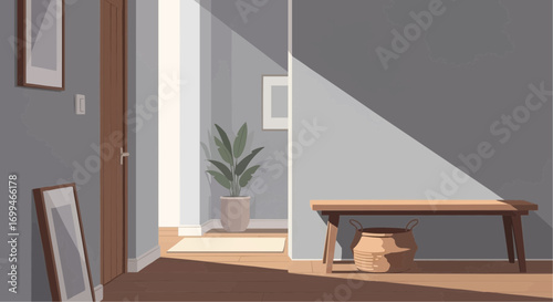 Sunlight streams into a modern home's entryway, illuminating a wooden bench and casting long shadows on the grey walls.