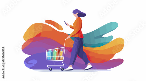 Person walking with shopping cart and mobile phone