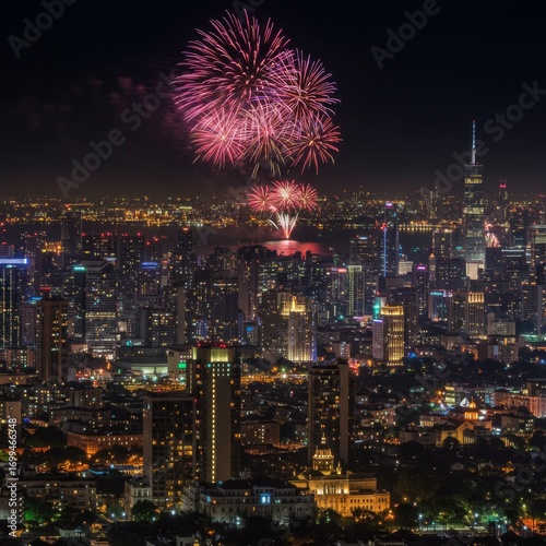 Night Cityscape with Vibrant Fireworks Display