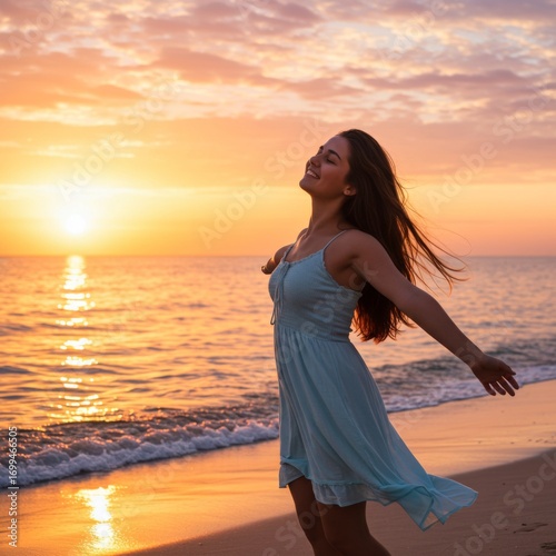 Woman in Light Blue Dress Enjoying Sunset at the Beach