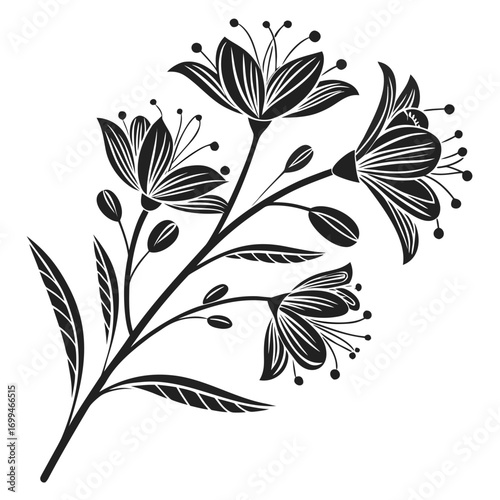 Elegant black and white floral branch silhouette with blooming flowers and leaves