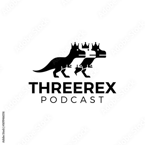 Geometric three dinosaur crown logo for podcast and media, bold modern creative entertainment branding identity design