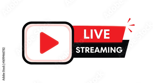 Vector illustration of a graphic icon representing live streaming with a play button and the text live streaming, isolated on a