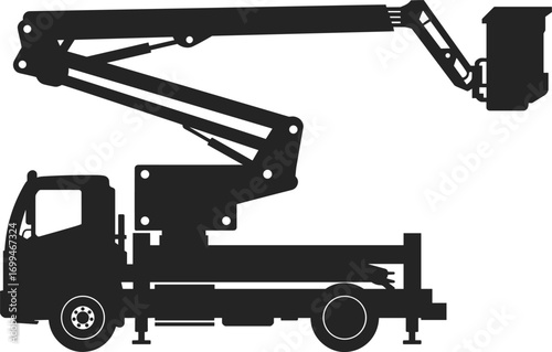 Bucket truck, cherry picker, aerial work platform, utility vehicle, hydraulic lift, construction equipment, industrial machinery, elevated work access, boom lift, silhouette set