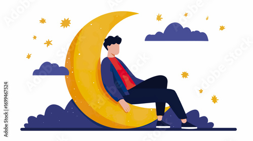 Person relaxing on a crescent moon at night