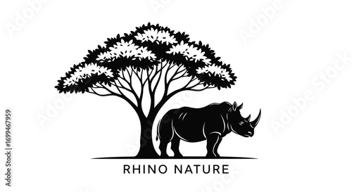 Vector illustration of silhouette of a rhinoceros standing under a large acacia tree in savanna landscape, representing rhino nature conservation