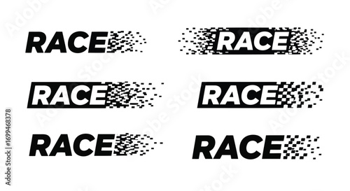 Vector illustration of multiple race text designs with distressed effect and checkered flag elements