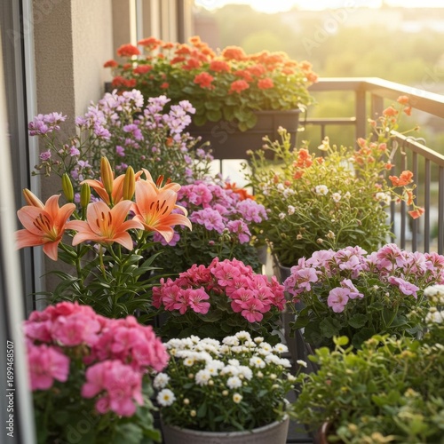 Wallpaper Mural Vibrant Balcony Garden with Orange Lilies and Pink Flowers Torontodigital.ca