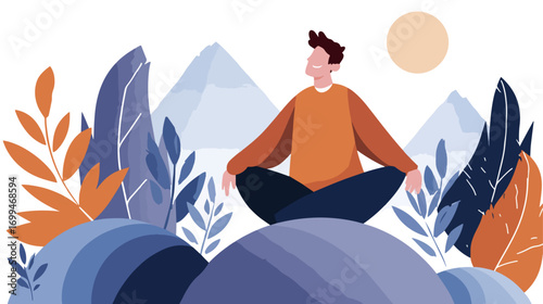 Person meditating in nature landscape