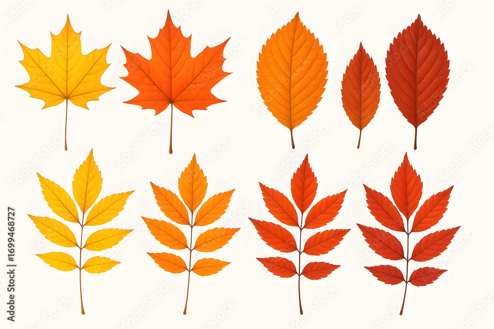 Naklejka premium Autumnal Leaves: A vivid collage of autumn leaves in fiery reds, vibrant oranges, and golden yellows. The scene captures the beauty of seasonal change.
