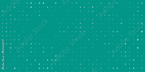 Seamless background pattern of evenly spaced white plus symbols of different sizes and opacity. Vector illustration on teal background with stars.eps10