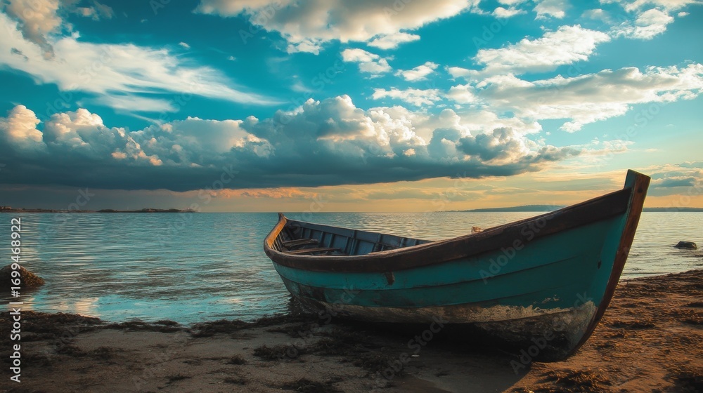 Naklejka premium A small wooden boat rests on a sandy beach at sunset, with calm water and dramatic clouds in the sky.