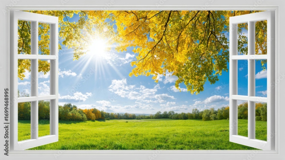 Fototapeta premium A window open to the sky and grass offers a view of nature and freedom from a room in a house