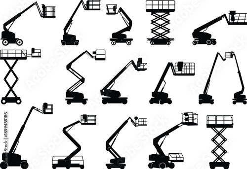 Aerial work platforms, boom lifts, scissor lifts, construction equipment, industrial machinery, elevated work access, cherry pickers, telescopic lifts, articulating lifts, silhouette set