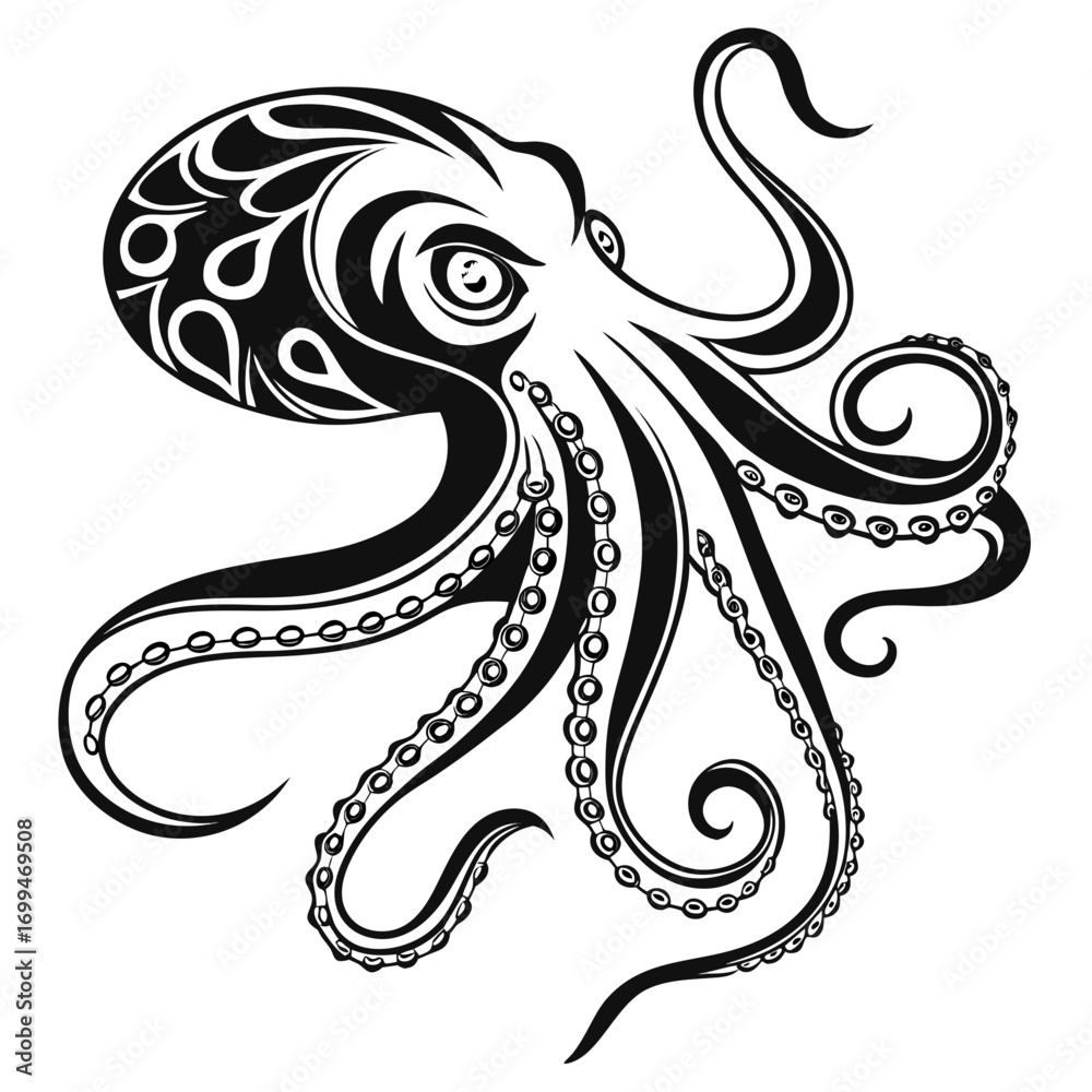 Fototapeta premium Stylized black and white octopus illustration with swirling tentacles