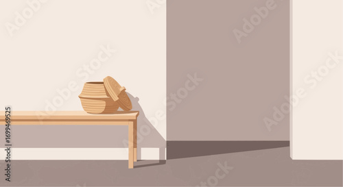 Illustration of a wooden bench with a basket in a minimalist room.