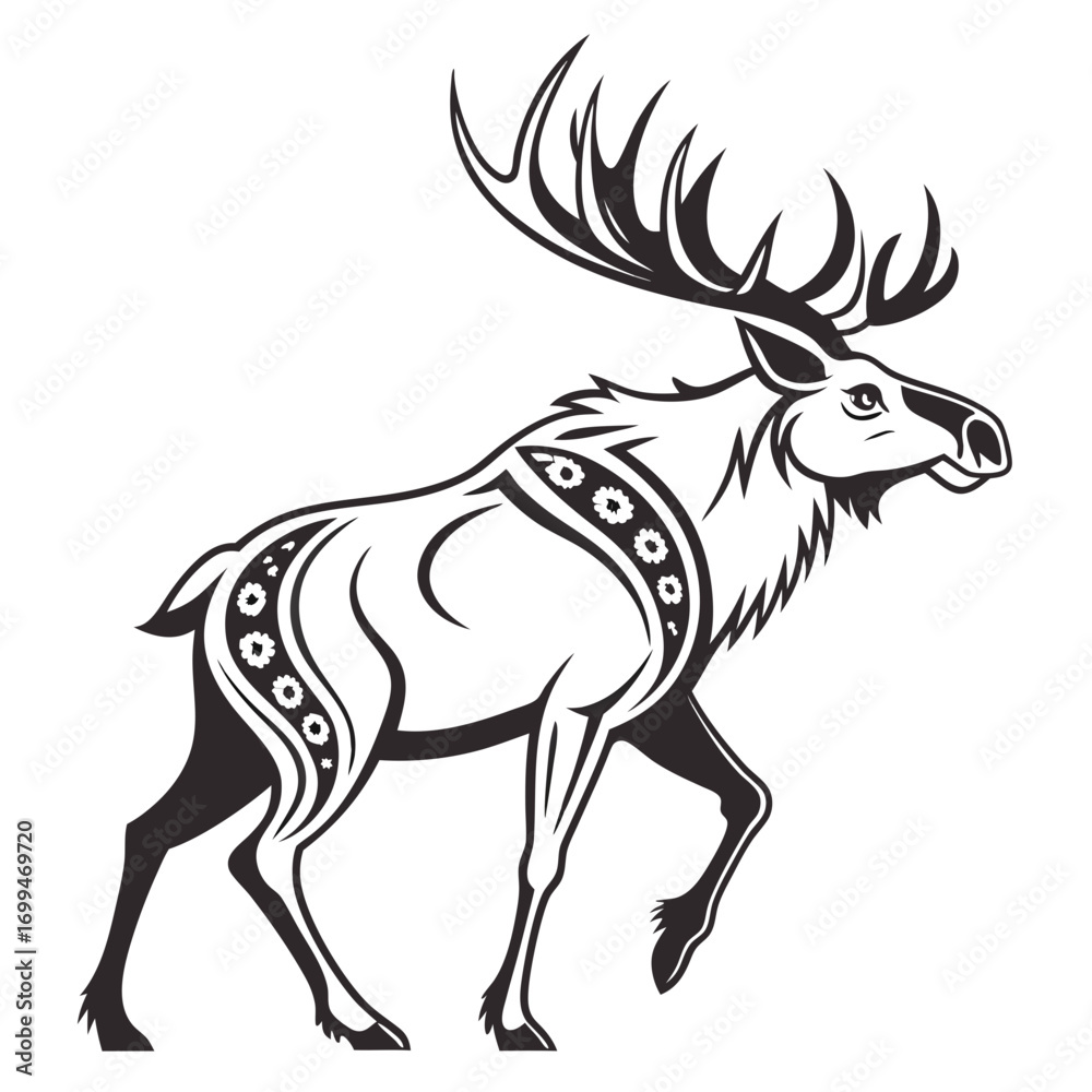 Obraz premium Stylized black and white illustration of a majestic elk with decorative patterns