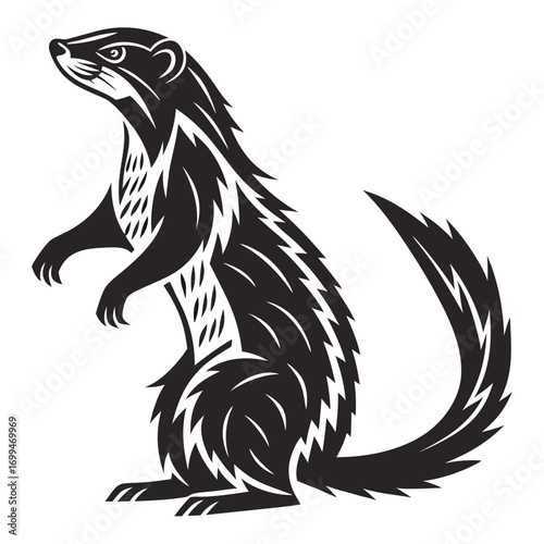 Stylized black and white illustration of a standing ferret
