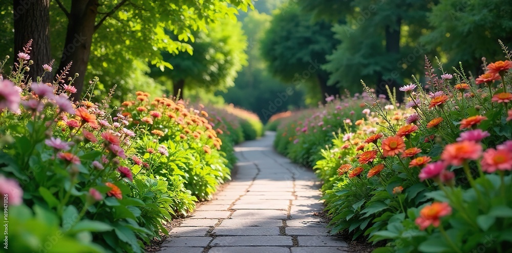 Fototapeta premium Serpentine pathway meanders through lush garden beds bursting with vibrant blooms and fragrant herbs, creating a tranquil, immersive experience , environment, color, flowers