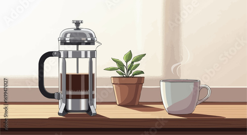 French press coffee maker with a cup of coffee and a small plant on a wooden surface by a window.