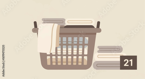 An illustration of a laundry basket overflowing with clothes, with neatly folded stacks of linens beside it, set against a light beige background.