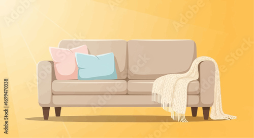Illustration of a beige couch with pillows and a blanket against a yellow background.