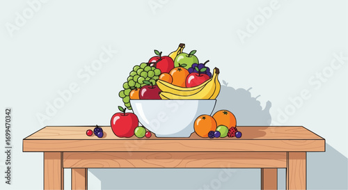 A bowl of assorted fruits sits on a wooden table against a light-blue background.