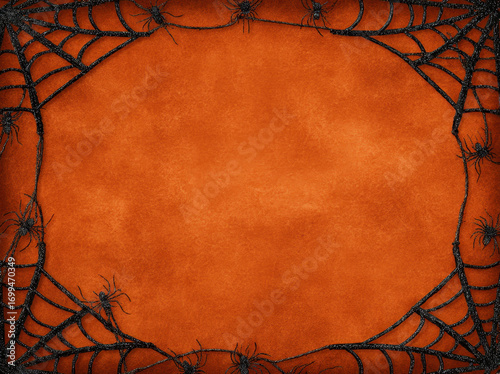 Spooky Halloween background featuring vibrant orange texture framed by intricate black spider webs and spiders, perfect for festive decorations or themed events