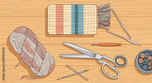 An overhead illustration of crafting supplies for fiber arts, including yarn, a small loom, scissors, and needles on a wooden surface.