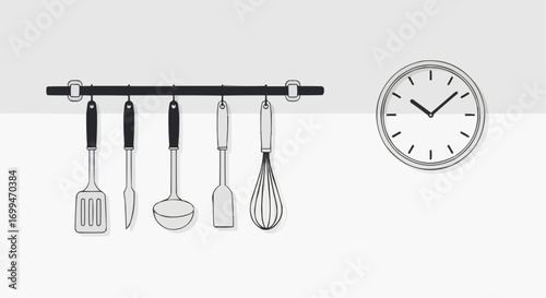 Minimalist illustration of kitchen utensils hanging on a rack next to a wall clock in a clean, grey and white setting.