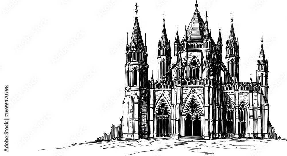 Fototapeta premium Gothic Castle Sketch with Spires